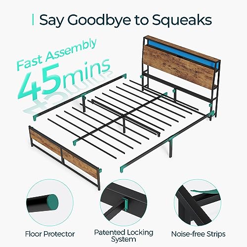 LINSY Full Bed Frame with Ergonomic Headboard, 14 inch Fast Assembly Metal Bed with Lights, Outlets & USB, Bed Frame Full Size with Storage, Noise Free, No Box Spring Needed, Rustic Brown