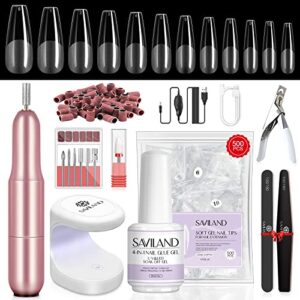 saviland gel x kit: gel nail kit with nail drill 0.5oz nail glue gel 500pcs long coffin acrylic nail tips u v light beginner-friendly gel kit with everything home salon diy nail art manicure gift