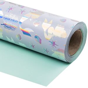 wrapaholic reversible wrapping paper - mini roll - 17 inch x 33 feet - mermaid with colorful foil design for kid's birthday, party, baby shower