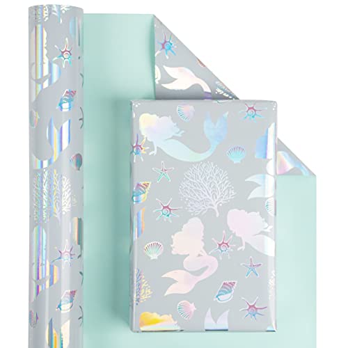 WRAPAHOLIC Reversible Wrapping Paper - Mini Roll - 17 Inch X 33 Feet - Mermaid with Colorful Foil Design for Kid's Birthday, Party, Baby Shower