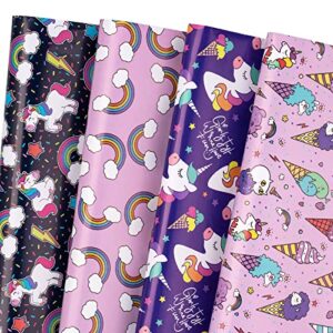 wrapaholic birthday wrapping paper sheet - 12 sheets unicorn rainbow adorable cat folded flat with 12 gift tags for party, baby shower - 19.7 inch x 27.5 inch per sheet