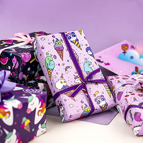 WRAPAHOLIC Birthday Wrapping Paper Sheet - 12 Sheets Unicorn Rainbow Adorable Cat Folded Flat with 12 Gift Tags for Party, Baby Shower - 19.7 Inch X 27.5 Inch Per Sheet