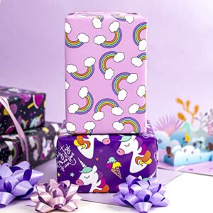 WRAPAHOLIC Birthday Wrapping Paper Sheet - 12 Sheets Unicorn Rainbow Adorable Cat Folded Flat with 12 Gift Tags for Party, Baby Shower - 19.7 Inch X 27.5 Inch Per Sheet