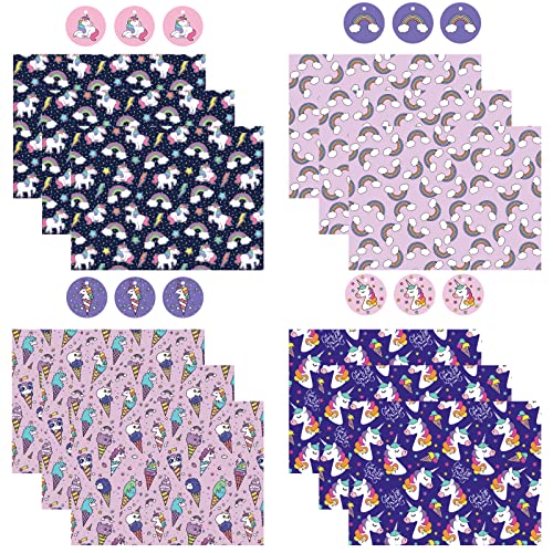 WRAPAHOLIC Birthday Wrapping Paper Sheet - 12 Sheets Unicorn Rainbow Adorable Cat Folded Flat with 12 Gift Tags for Party, Baby Shower - 19.7 Inch X 27.5 Inch Per Sheet