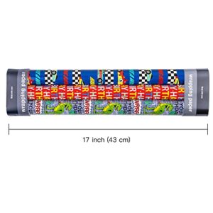 WRAPAHOLIC Birthday Wrapping Paper Roll - Mini Roll - 3 Rolls - 17 Inch X 120 Inch Per Roll - Dinosaurs/Racing Car/Happy Birthday Lettering for Kid's Birthday, Baby Shower