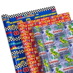 WRAPAHOLIC Birthday Wrapping Paper Roll - Mini Roll - 3 Rolls - 17 Inch X 120 Inch Per Roll - Dinosaurs/Racing Car/Happy Birthday Lettering for Kid's Birthday, Baby Shower