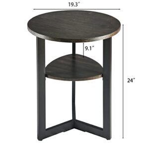 19.3” Round End Table with Storage shelf, Circular Rustic Sofa Side Table with Black Metal Leg, Solid Wood 2-tier Telephone Table, Nightstand, for Living Room Bedroom Entryway Brushed Black BZ2338BK