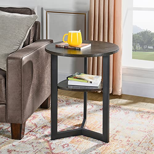 19.3” Round End Table with Storage shelf, Circular Rustic Sofa Side Table with Black Metal Leg, Solid Wood 2-tier Telephone Table, Nightstand, for Living Room Bedroom Entryway Brushed Black BZ2338BK