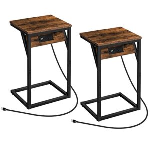 hoobro set of 2 c shaped end tables with charging station, side table for sofa with usb ports & outlet, industrial couch table with metal frame for study living room bedroom, rustic brown bf06usfp201