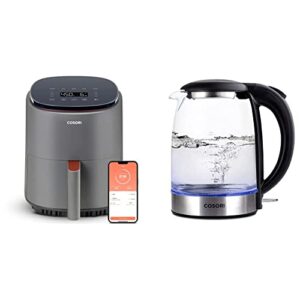 cosori air fryer 4 qt, 7 cooking functions airfryer, 150+ recipes on free app, 97% less fat freidora de aire & electric kettle with stainless steel filter and inner lid, 1500w 1.7l glass tea kettle