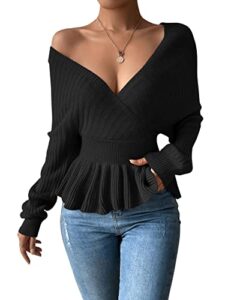 sweatyrocks women's deep v neck rib knit wrap top long sleeve ruffle hem peplum sweater black m