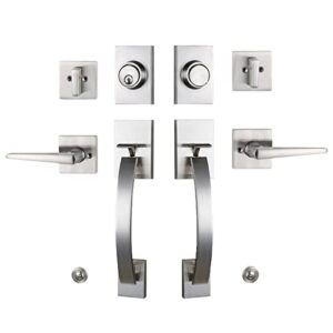 newbang silver double doors handle lock set for front & entry door - satin nickel finish,mdhst2017sn-set-br
