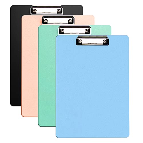 KIROYAL 4 Pack Plastic Clipboards Multiple Colors Clip Boards with Low Profile Metal Clip,Hangable Low Profile Clipboard, Standard A4 Letter Size for Students, Teacher,Doctor, Nurse,Office Clerk