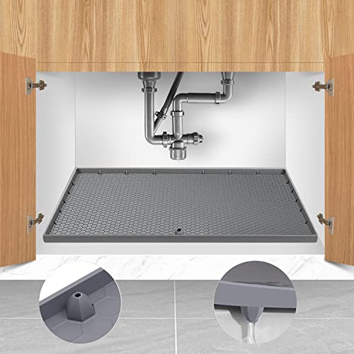 Under Sink Mat, 34"*22" Under Sink Mats for Kitchen Waterproof,with Drain Hole, Kitchen Bathroom Cabinet Silicone Mat ， Protector for Drips Leaks Spills