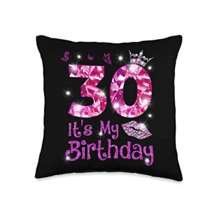 happy 30 years old men women birthday tee vintage happy 30 crown lips 30th birthday throw pillow, 16x16, multicolor