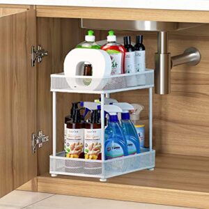 szjhxin under sink organizers and storage,kitchen bathroom cabinet organizer and storage,2 tier metal under cabinet basket storage shelf with 4 hooks,under sink cabinet storage organizer(white)