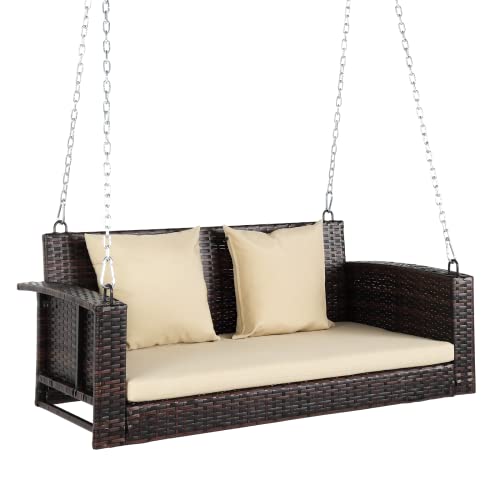 VINGLI Heavy Duty 800 LBS Wicker Hanging Porch Swing with Cushions & Chains, 4FT Outdoor Rattan Swing Bench for Garden, Yard, Lawn (Brown+Beige)