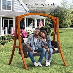 VINGLI Heavy Duty 800 LBS Wicker Hanging Porch Swing with Cushions & Chains, 4FT Outdoor Rattan Swing Bench for Garden, Yard, Lawn (Brown+Beige)