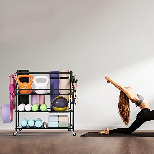 QUSIMI Yoga Mat Equip Storage Rack on Wheel, Dumbbells Kettlebells Workout Storage Weight Rack Cart,Large Home Gym Equipment Multi-use Storage Rack Holder Organizer