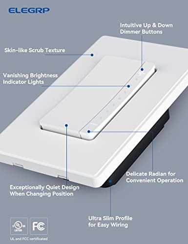 ELEGRP Smart Dimmer Light Switch DPR30, 2.4GHz Wi-Fi Dimmer Switch Compatible with Alexa and Google Assistant, Single Pole/3 Way, Needs Neutral Wire, No Hub Required, UL&FCC Listed, White, 1 Pack