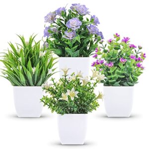 der rose 4 packs small fake plants mini artificial faux plants with flowers for home room farmhouse bathroom decor indoor