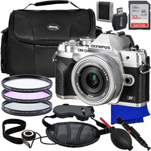 ultimaxx essential accessory bundle + olympus om-d e-m10 mark iv mirrorless camera with 14-42mm ez lens (silver) + sandisk 32gb ultra memory card, water-resistant gadget bag & more (18pc bundle)