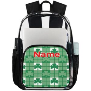 herdesigns st patricks da personalized clear backpack plaid lucky clover green shamrocks custom large clear backpack heavy duty pvc transparent backpack with reinforced strap see through backpacks