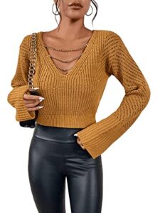 sweatyrocks women's long sleeve v neck chain top pointelle knit pullover sweater crop tops ginger l