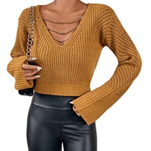 SweatyRocks Women's Long Sleeve V Neck Chain Top Pointelle Knit Pullover Sweater Crop Tops Ginger L