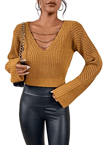 SweatyRocks Women's Long Sleeve V Neck Chain Top Pointelle Knit Pullover Sweater Crop Tops Ginger L