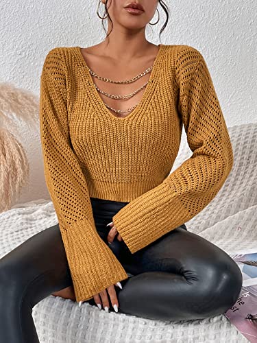 SweatyRocks Women's Long Sleeve V Neck Chain Top Pointelle Knit Pullover Sweater Crop Tops Ginger L
