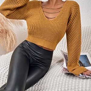 SweatyRocks Women's Long Sleeve V Neck Chain Top Pointelle Knit Pullover Sweater Crop Tops Ginger L