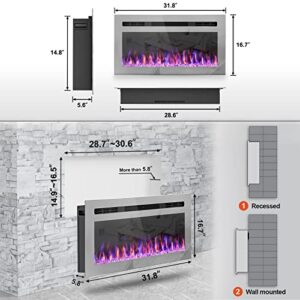 TUAN 31 Inch Electric Fireplace, Recessed and Wall Mounted Fireplace, Fireplace Heater and Linear Fireplace with Timer, Touch Panel and Remote Control, Adjustable 12 Flame Color, 750/1500W