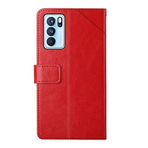 ONV Flip Case for Oppo Reno 6 Pro 5G - [Y] Solid Color Phone Case with Card Holder Lanyard Stand Case Leather Magnetic Closure Wallet Cover for Oppo Reno 6 Pro 5G [TH] -Red