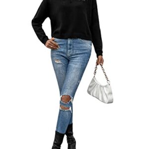 SweatyRocks Women's Casual V Neck Drop Shoulder Pullover Sweater Long Sleeve Knitted Top Black M