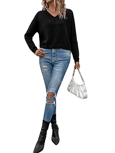 SweatyRocks Women's Casual V Neck Drop Shoulder Pullover Sweater Long Sleeve Knitted Top Black M