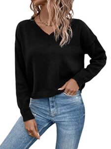 sweatyrocks women's casual v neck drop shoulder pullover sweater long sleeve knitted top black m