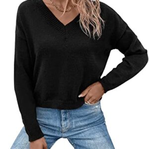 SweatyRocks Women's Casual V Neck Drop Shoulder Pullover Sweater Long Sleeve Knitted Top Black M