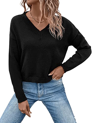 SweatyRocks Women's Casual V Neck Drop Shoulder Pullover Sweater Long Sleeve Knitted Top Black M