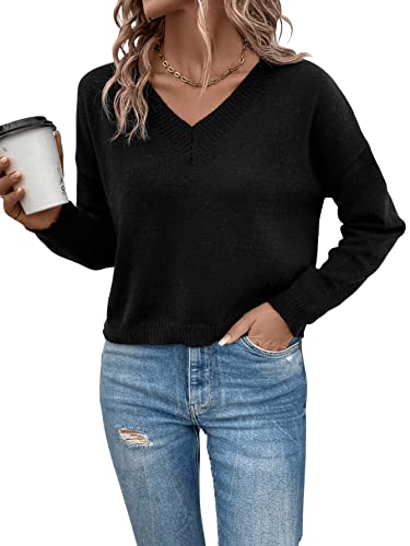 SweatyRocks Women's Casual V Neck Drop Shoulder Pullover Sweater Long Sleeve Knitted Top Black M