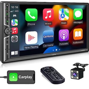 double din car radio with bluetooth, voice control apple carplay screen, mirror link, 7 inch hd capacitive touchscreen car play, backup camera, subw, usb/sd port, multimedia player am/fm car stereo