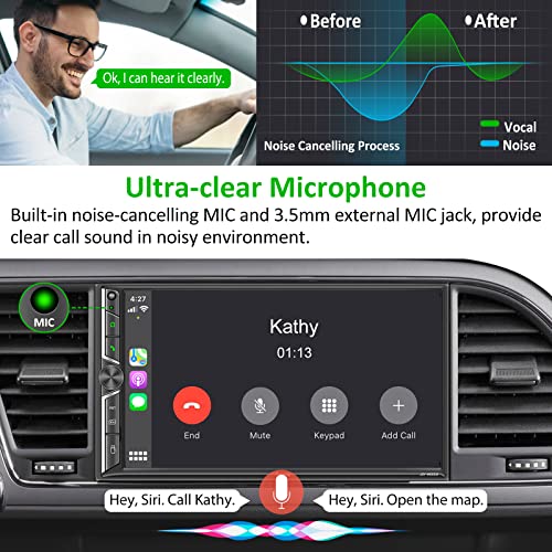 Double Din Car Radio with Bluetooth, Voice Control Apple CarPlay Screen, Mirror Link, 7 Inch HD Capacitive Touchscreen Car Play, Backup Camera, Subw, USB/SD Port, Multimedia Player AM/FM Car Stereo