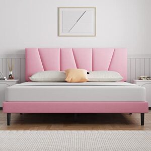 molblly full bed frame upholstered flannel platform, headboard and sturdy wood strip, strong weight capability, non-slip and noise free, no box spring required, easy to assemble, pink full bed