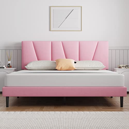 Molblly Full Bed Frame Upholstered Flannel Platform, Headboard and Sturdy Wood Strip, Strong Weight Capability, Non-Slip and Noise Free, No Box Spring Required, Easy to Assemble, Pink Full Bed