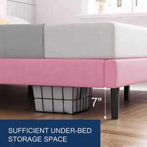 Molblly Full Bed Frame Upholstered Flannel Platform, Headboard and Sturdy Wood Strip, Strong Weight Capability, Non-Slip and Noise Free, No Box Spring Required, Easy to Assemble, Pink Full Bed