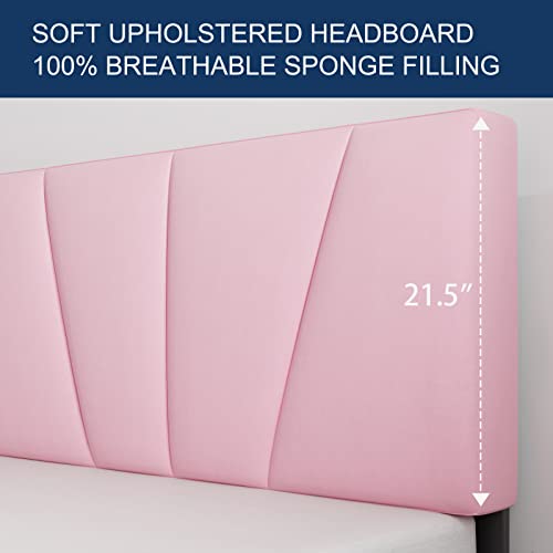 Molblly Full Bed Frame Upholstered Flannel Platform, Headboard and Sturdy Wood Strip, Strong Weight Capability, Non-Slip and Noise Free, No Box Spring Required, Easy to Assemble, Pink Full Bed