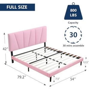 Molblly Full Bed Frame Upholstered Flannel Platform, Headboard and Sturdy Wood Strip, Strong Weight Capability, Non-Slip and Noise Free, No Box Spring Required, Easy to Assemble, Pink Full Bed