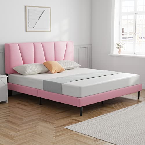 Molblly Full Bed Frame Upholstered Flannel Platform, Headboard and Sturdy Wood Strip, Strong Weight Capability, Non-Slip and Noise Free, No Box Spring Required, Easy to Assemble, Pink Full Bed