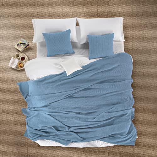 HILLFAIR 100% Cotton Blanket with 2 Throw Pillow Cover 18x18 Inch - 102x108 Inch California King Size Bed Blankets- Soft Breathable Blankets– Extra Large Oversized Cotton Blankets- Blue Bed Blankets