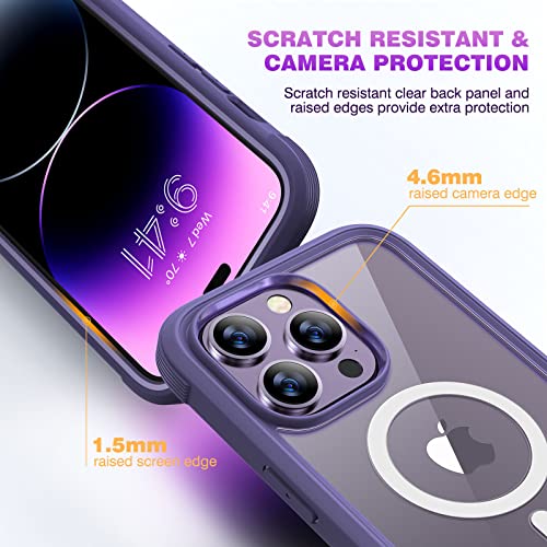 Diaclara Designed for iPhone 14 Pro Case 6.1’’,[Compatible with MagSafe] Full Body Rugged Magnetic Protective Case+Tempered Glass Camera Lens Protector w/Built-in Screen Protector (Purple-Mag)